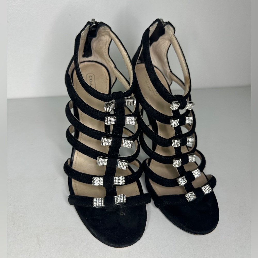 Coach Black Velvet Stiletto Holiday Heels With Silver Metal Bows sz 8.5 - Picture 6 of 9